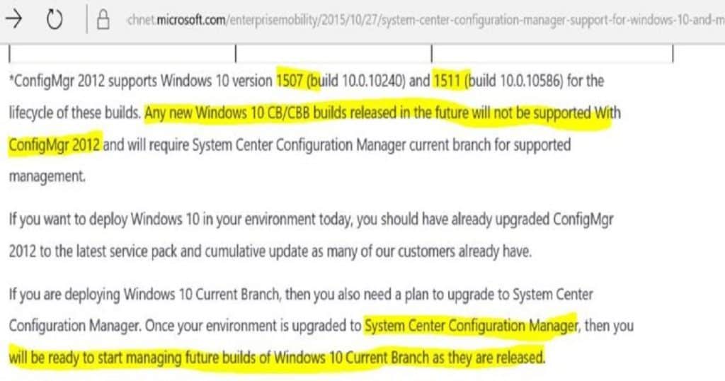 SCCM 2007 2012 Support for Windows 10 Versions Current Branch Configuration Manager 2012