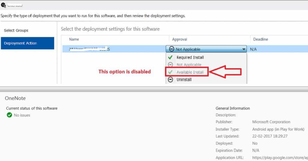 Why Available Action is Disabled from Android for Work App Deployment in Intune Endpoint Manager