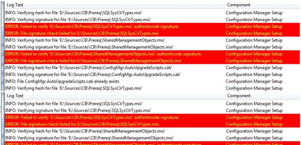 SCCM ConfigMgr Prerequisite Check Error Failed to Verify Authenticode Signature Configuration Manager MEMCM