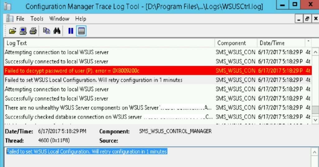 SCCM Sever in-place OS Upgrade_WSUS_SYNC_Connection-Error1 SCCM Server OS Upgrade WSUS Error Failed to Decrypt Password Configuration Manager Endpoint Manager