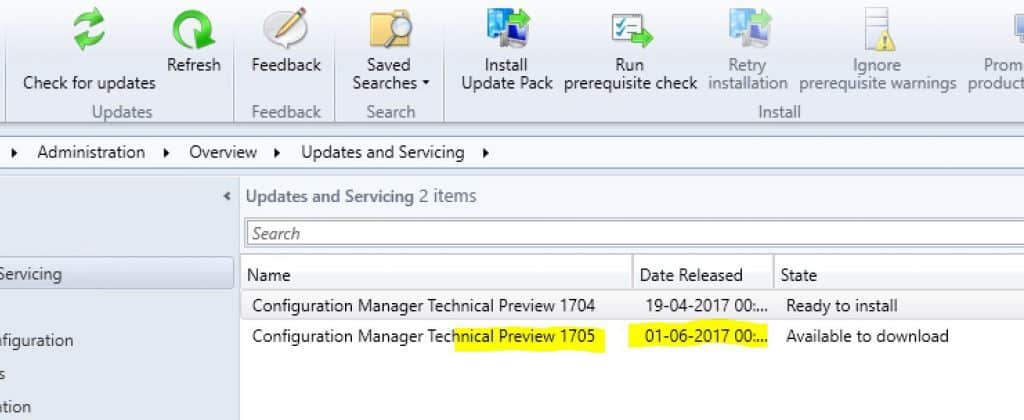 SCCM ConfigMgr CB TP 1705 Version