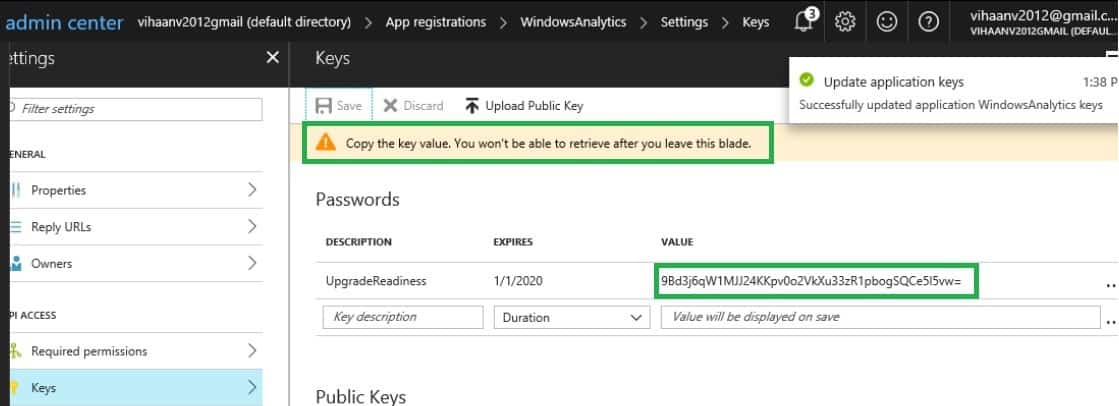 Azure new custom application key copy