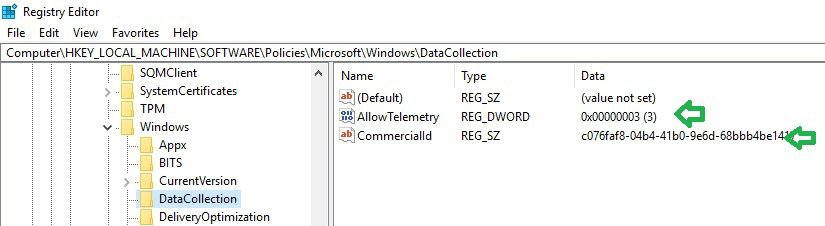 Windows analytics Registry Telemetry