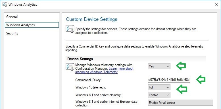 SCCM Windows Analytics custom device settings