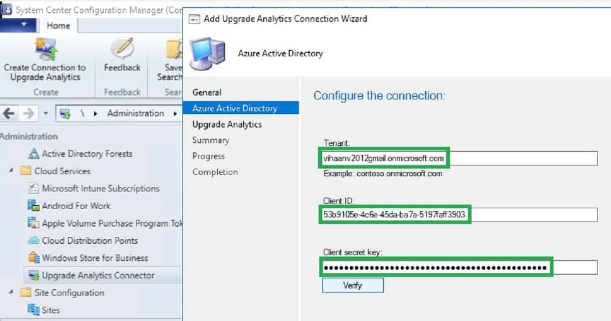 configuration of SCCM connection to Upgrade Analytics 