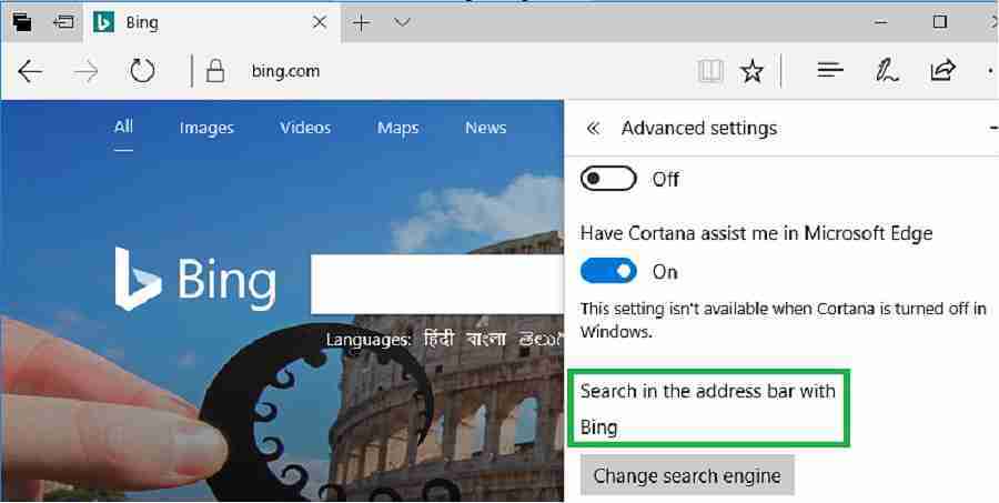 Bing Edge default search engine