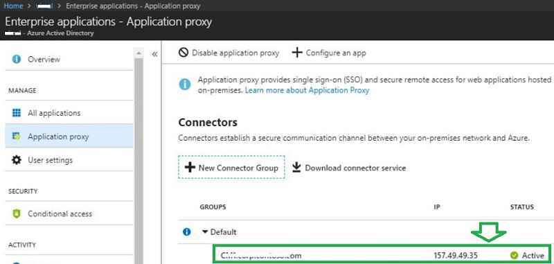 Application proxy azure portal status