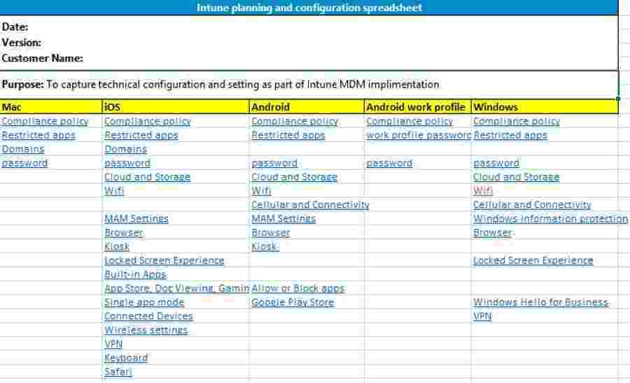 Intune configuration template Overview Download Intune Configuration Spreadsheet Excel List of Policies Configurations