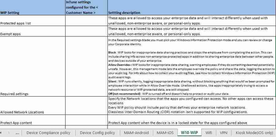 Windows information protection Download Intune Configuration Spreadsheet Excel List of Policies Configurations