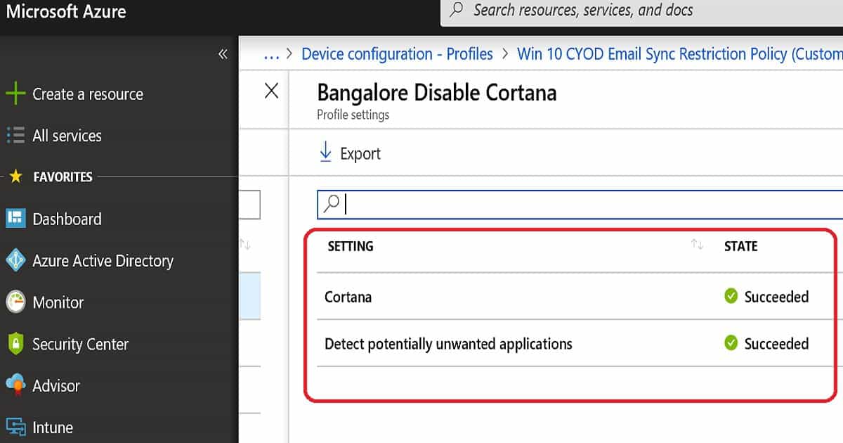 Intune Device Configuration Profile Settings View