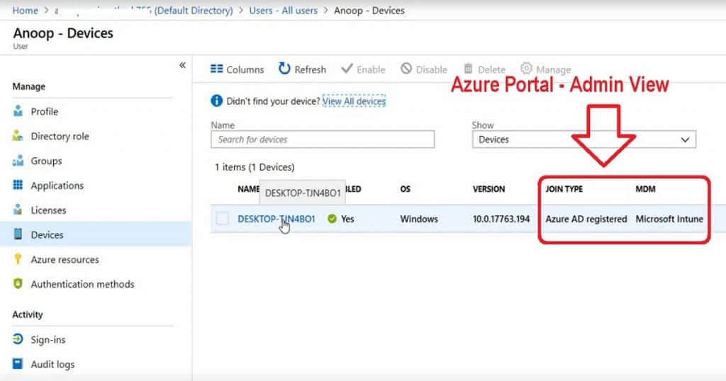 Windows 10 Intune Enrollment - Azure AD Registration - Admin View