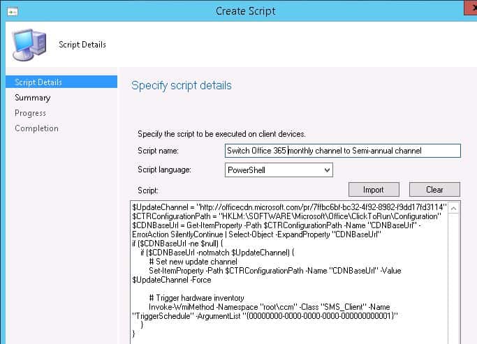 Change Office 365 Update Channel using SCCM Run Script