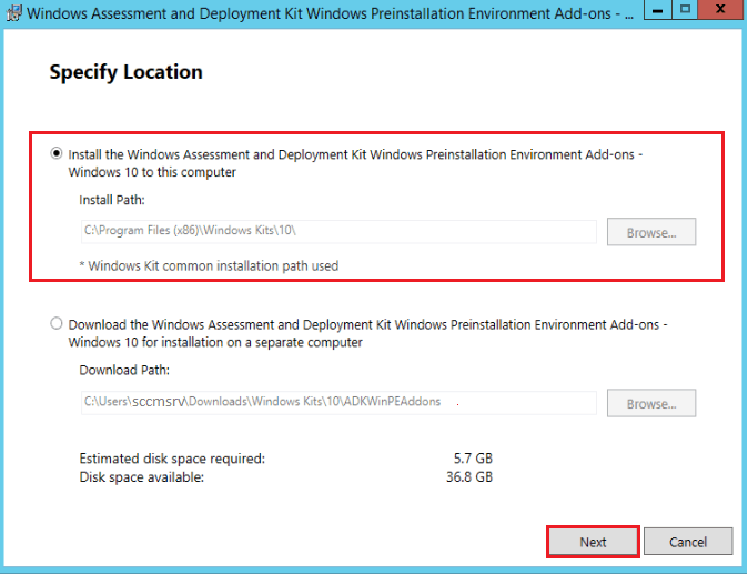 Specify the location for Update Windows ADK add-on WinPE