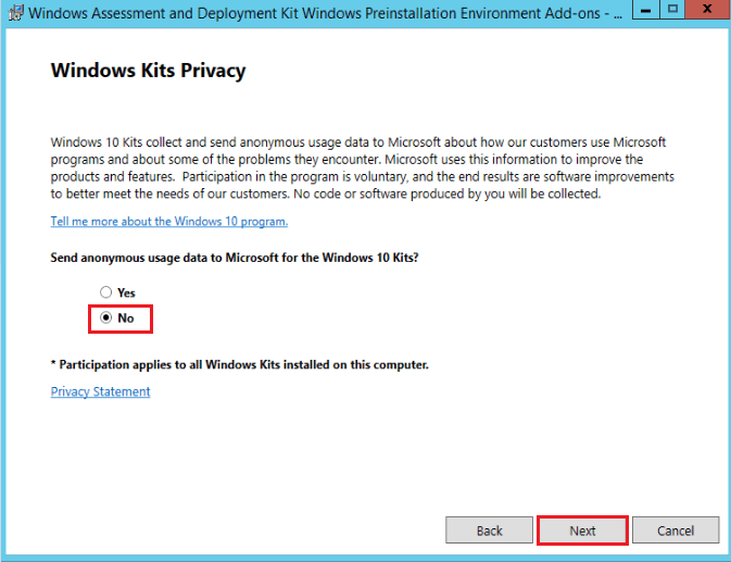 No on Windows Kits Privacy Page - Update Windows ADK add-on WinPE