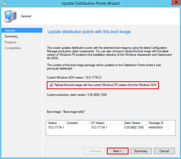 Select the Reload this SCCM boot Image Update Windows ADK add-on WinPE