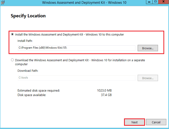 Specify the folder location - Update Windows ADK