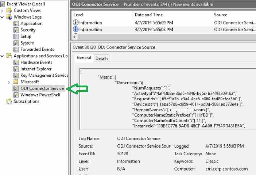 Intune ODJ connector service Event Logs