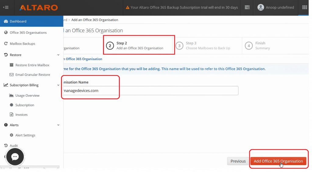 ADD Office 365 Subscription -  Altaro Office365 Backup Guide 