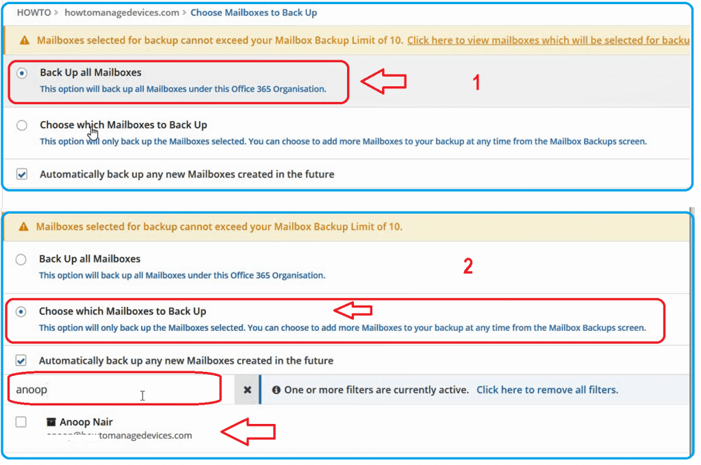 Choose Mailboxes - Altaro Office365 Backup Guide