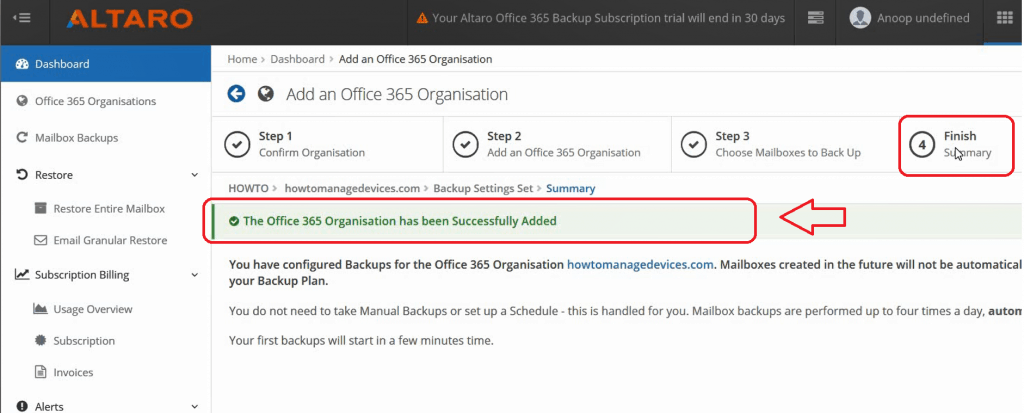 Altaro Office365 Backup Guide - Completed the backup