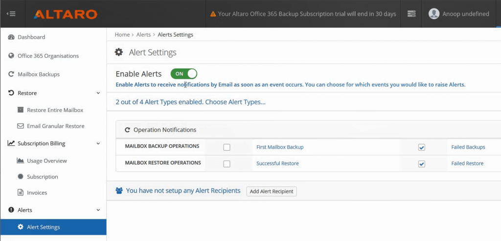 Alerts -  Restore Microsoft Office 365 mailboxes
