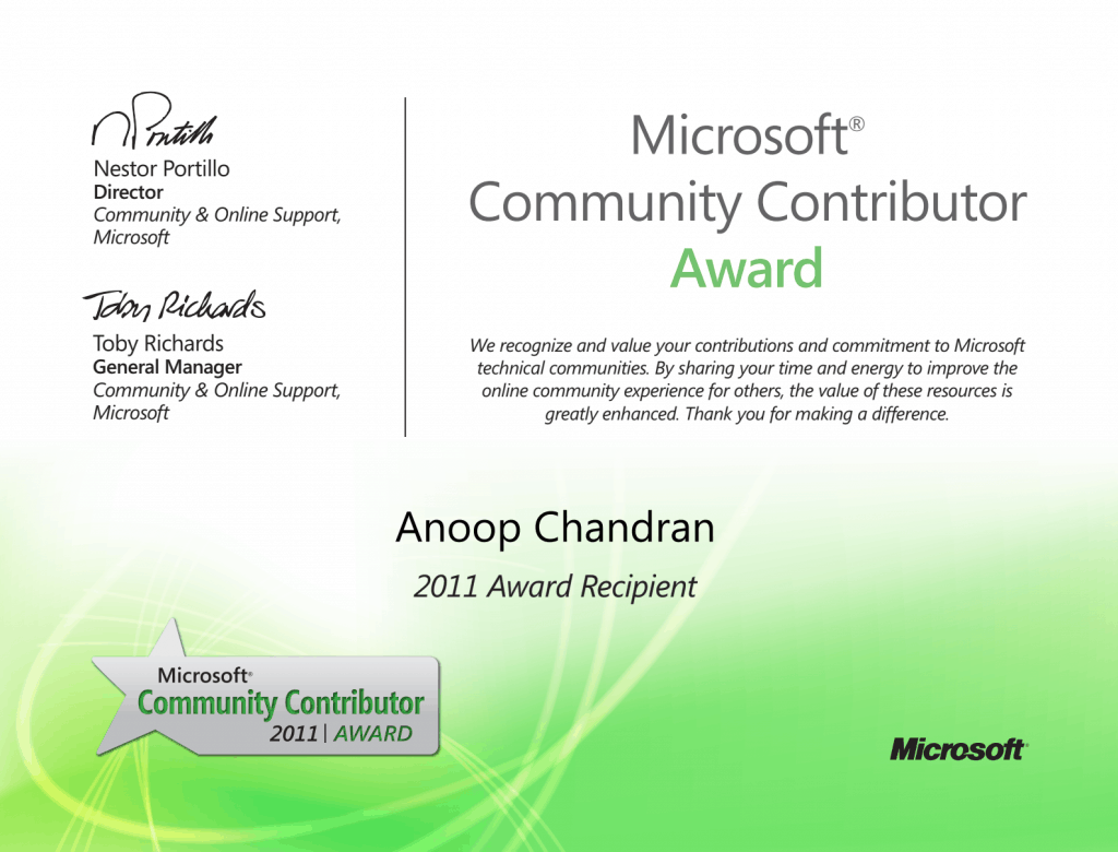 First Ever Award 2011 - Microsoft Community Contributor