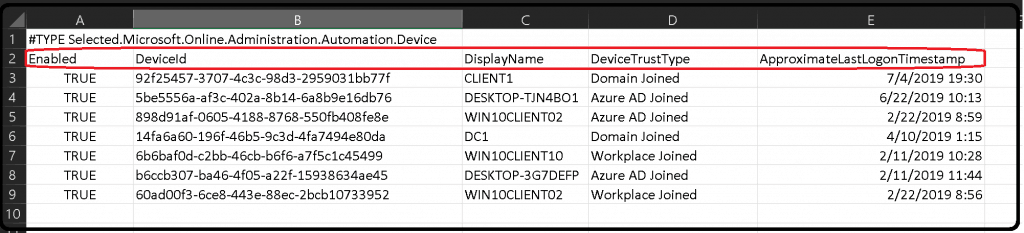 Excel List -  Using  Get-MsolDevice -all 