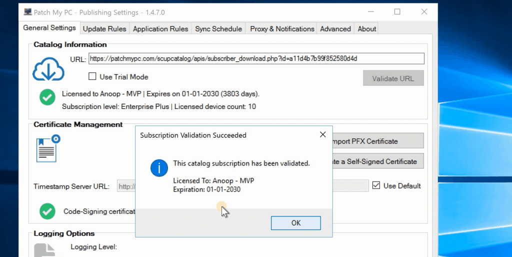 Patch My PC - Subscription Validation Succeeded