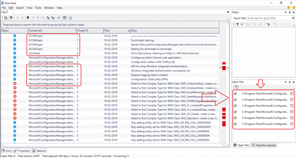 SCCM Onetrace Log file Reader part of Support Center -  + Open New Log Option