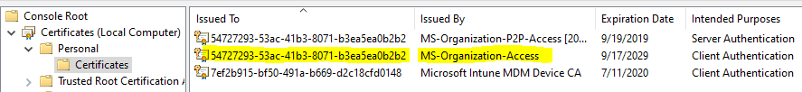 Certificate Store - Local Machine - MS-Organization-Access cert - AAD device GUID - Window Autopilot WhiteGlove