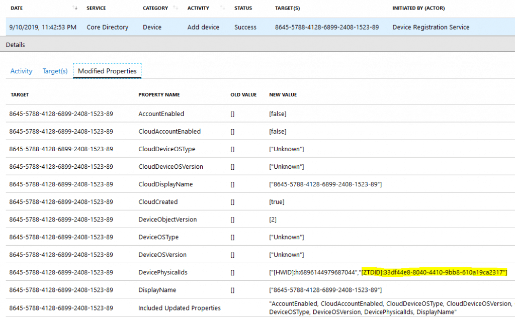 Audit log showing the Azure DRS action Add Device -  Windows Autopilot Behind the Scenes