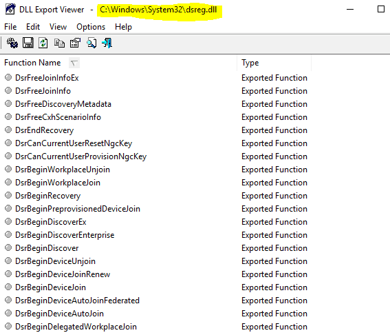 Export Functions - dsreg.dll - Component behing AAD Join - Window Autopilot WhiteGlove