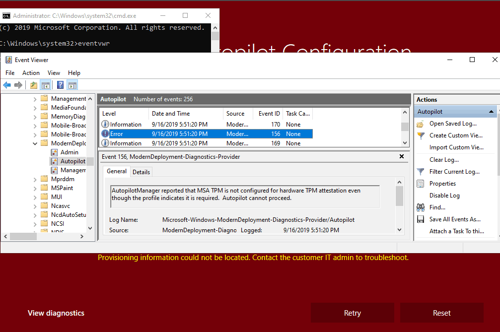 AutopilotManager reported that MSA TPM is not configured for hardware TPM attestation even though profile indicates it is required. Autopilot cannot proceed. Window Autopilot WhiteGlove