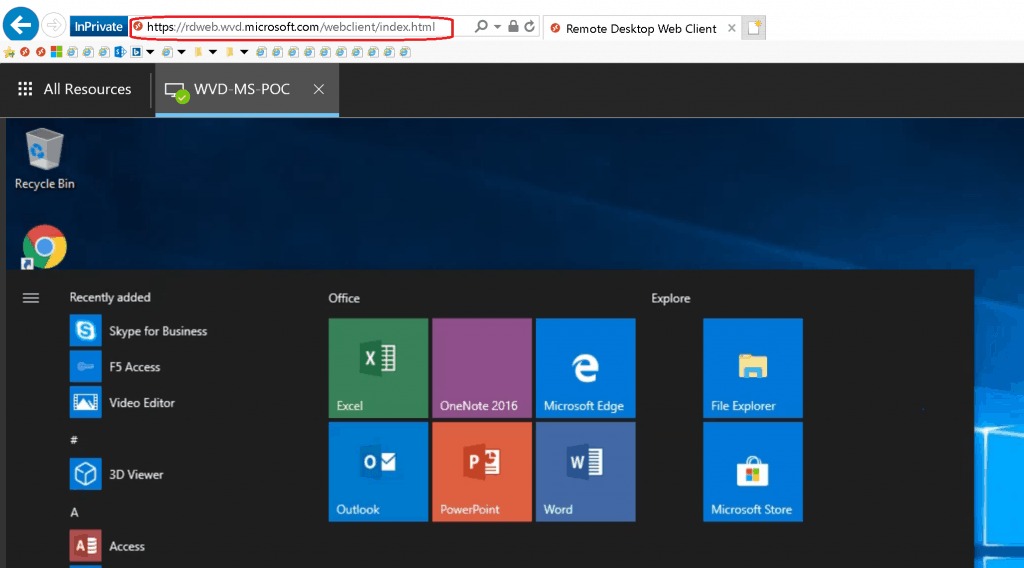 Connect to WVD Client Resource - Web Browser from Windows 10