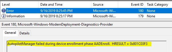 AutopilotManager failed during device enrollment phase AADEnroll. HRESULT=0x801C03F3 - Window Autopilot WhiteGlove