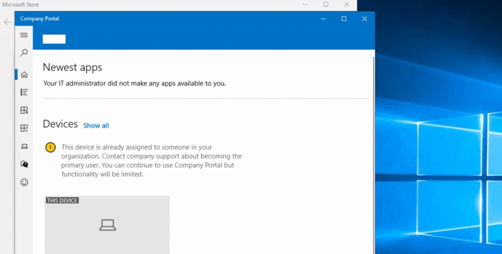 ti-Session Intune Hybrid Azure AD support  - Your IT admin didn't make any apps available to you