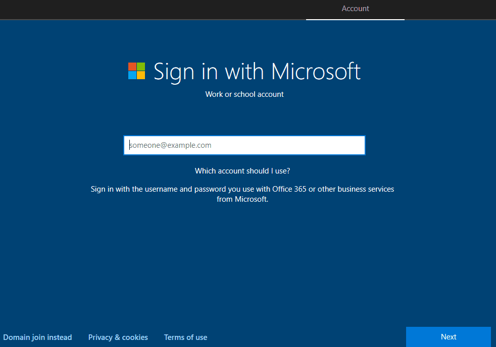 Default Sign in with Microsoft cloud join sign-in page - Window Autopilot WhiteGlove