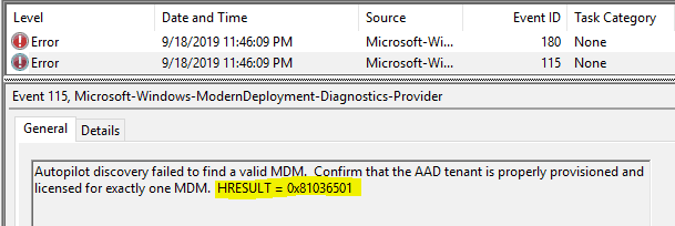 WhiteGlove Provisioning - Failure due to multiple MDM configured. HRESULT = 0x81036501 - Window Autopilot WhiteGlove