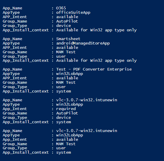 Intune Policy Assignment Classification - Script Output showing User or Device based deployment