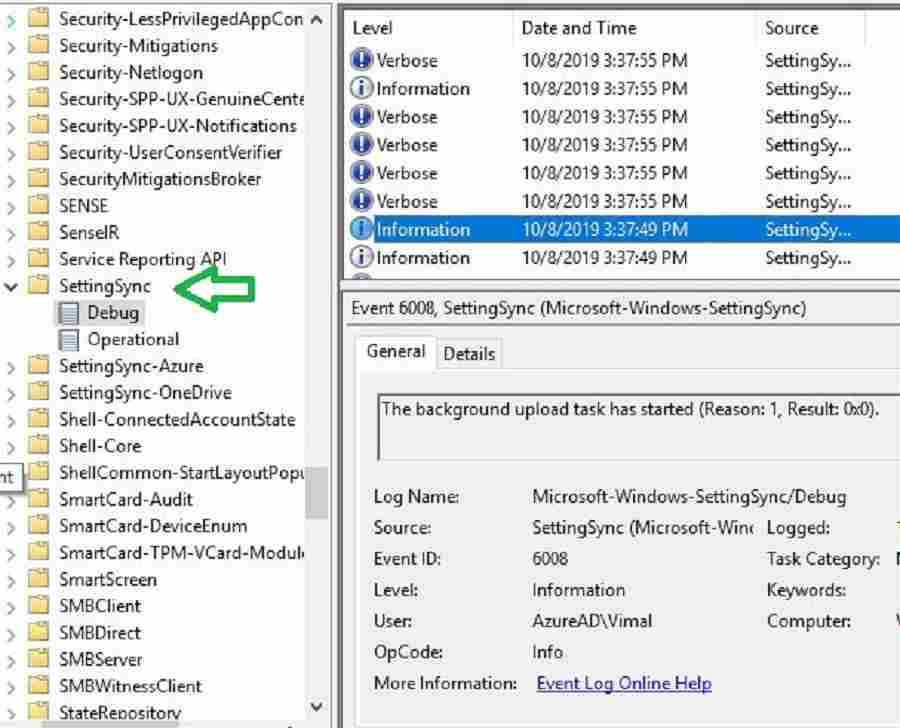 Settingsync eventviewer
