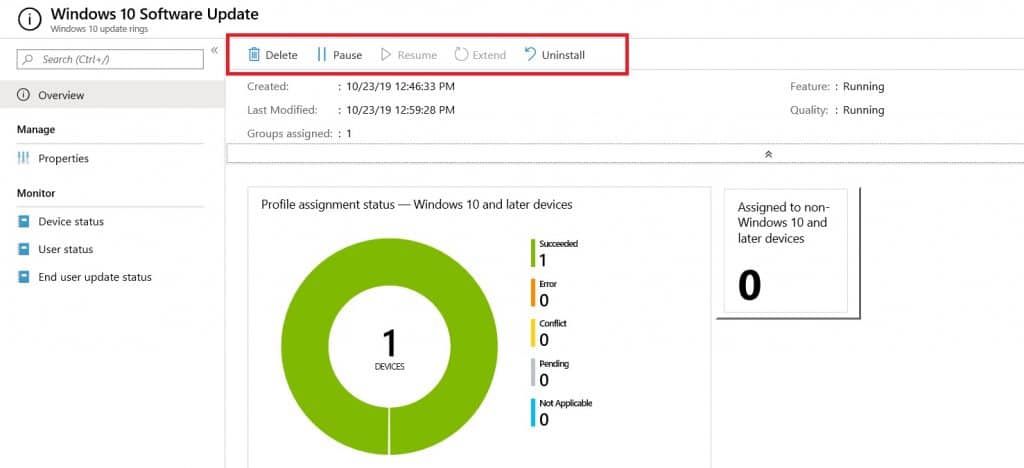 Manage Windows 10 update rings - Pause Delete Resume Extend