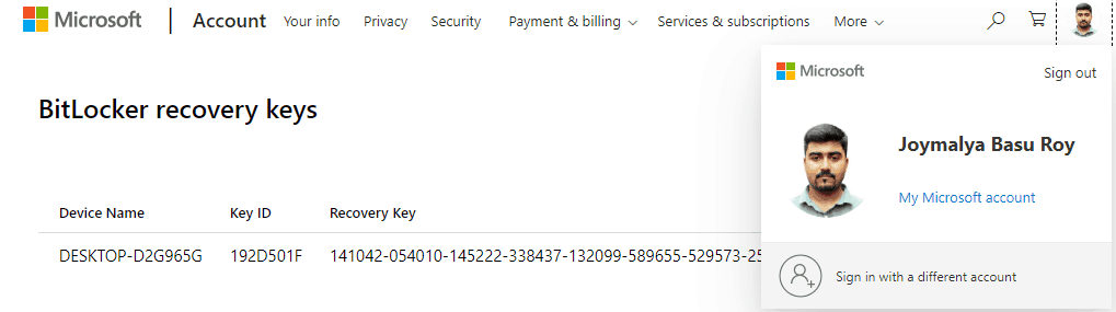 Retrieve Recovery Key from Micorosoft Account - Device Encryption