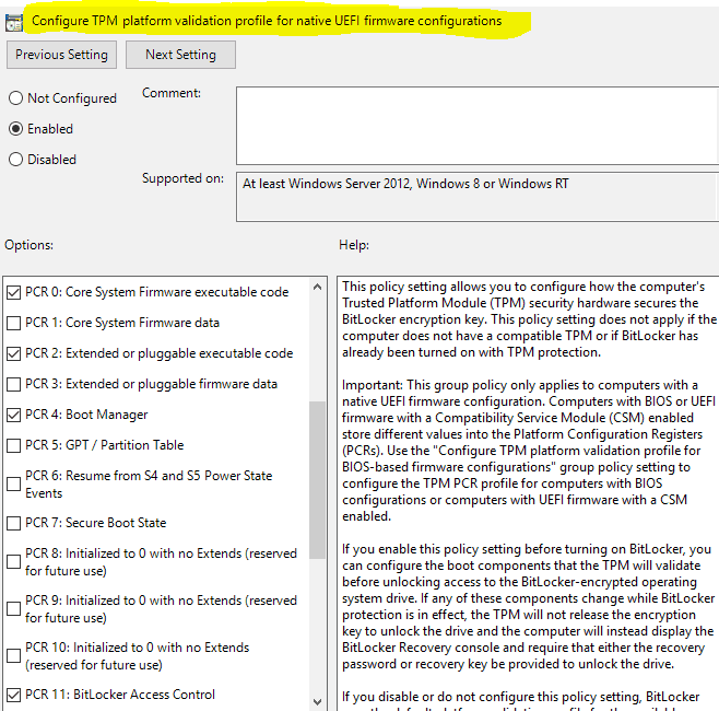 Bitlocker PCR Validation GPO settings