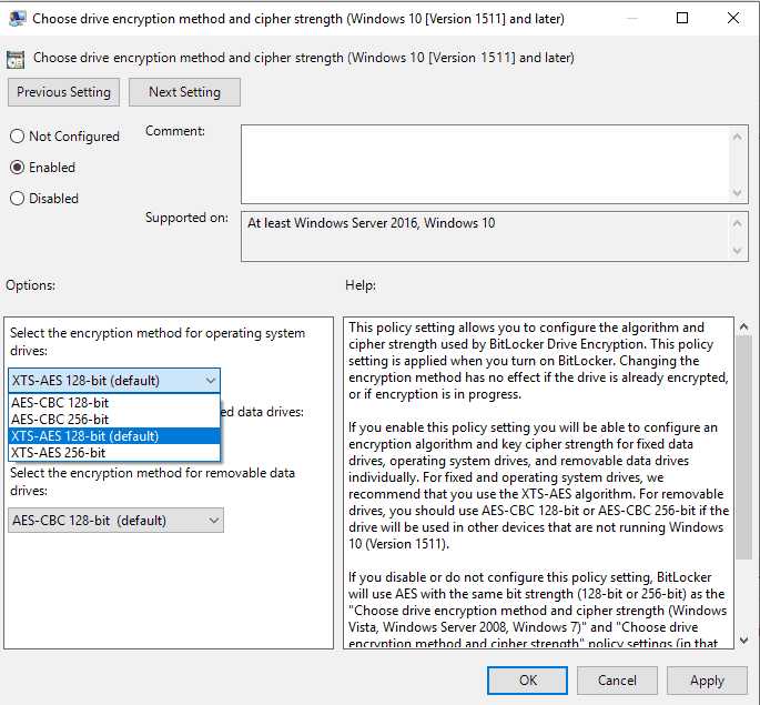 Bitlocker Encryption Settings - Traditional Management via GPO