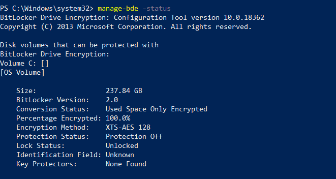 manage-bde cmd tool to check protection status - Device Encryption