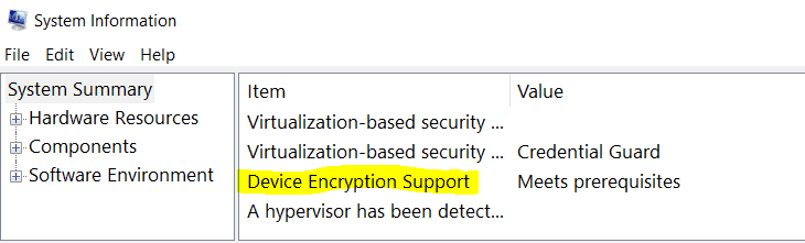 msinfo32 to check support for Device Encryption 