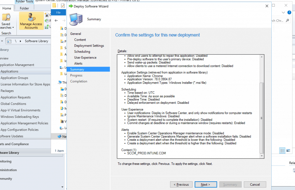 Deploy Google Chrome with SCCM - Confirm the settings for this new deployment