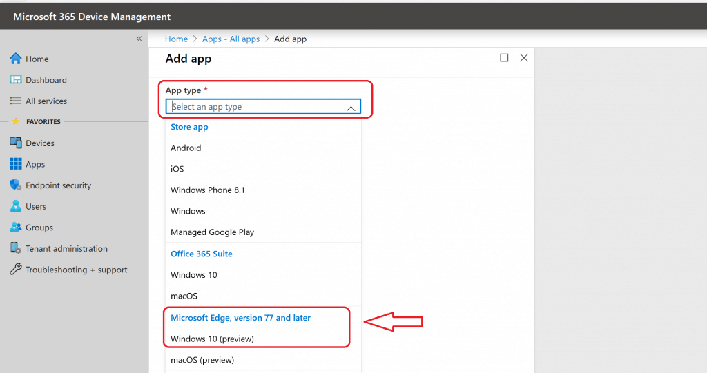 Intune Application Type - Microsoft Edge - Windows 10 - Microsoft Edge browser deployment 