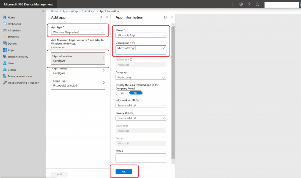 Enter the Microsoft Edge App Information