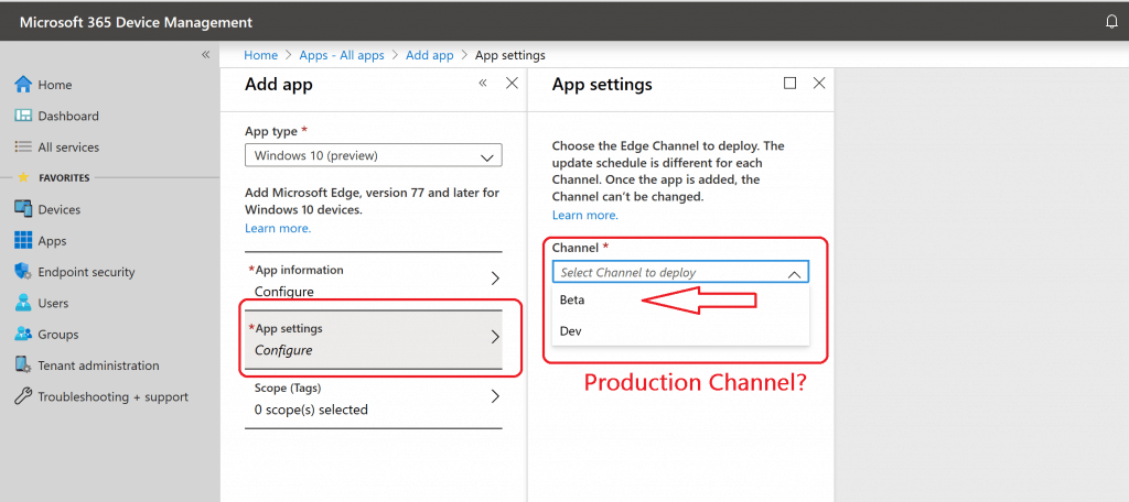 App Settings - Microsoft Edge Update Channel Selection - Microsoft Edge browser deployment 